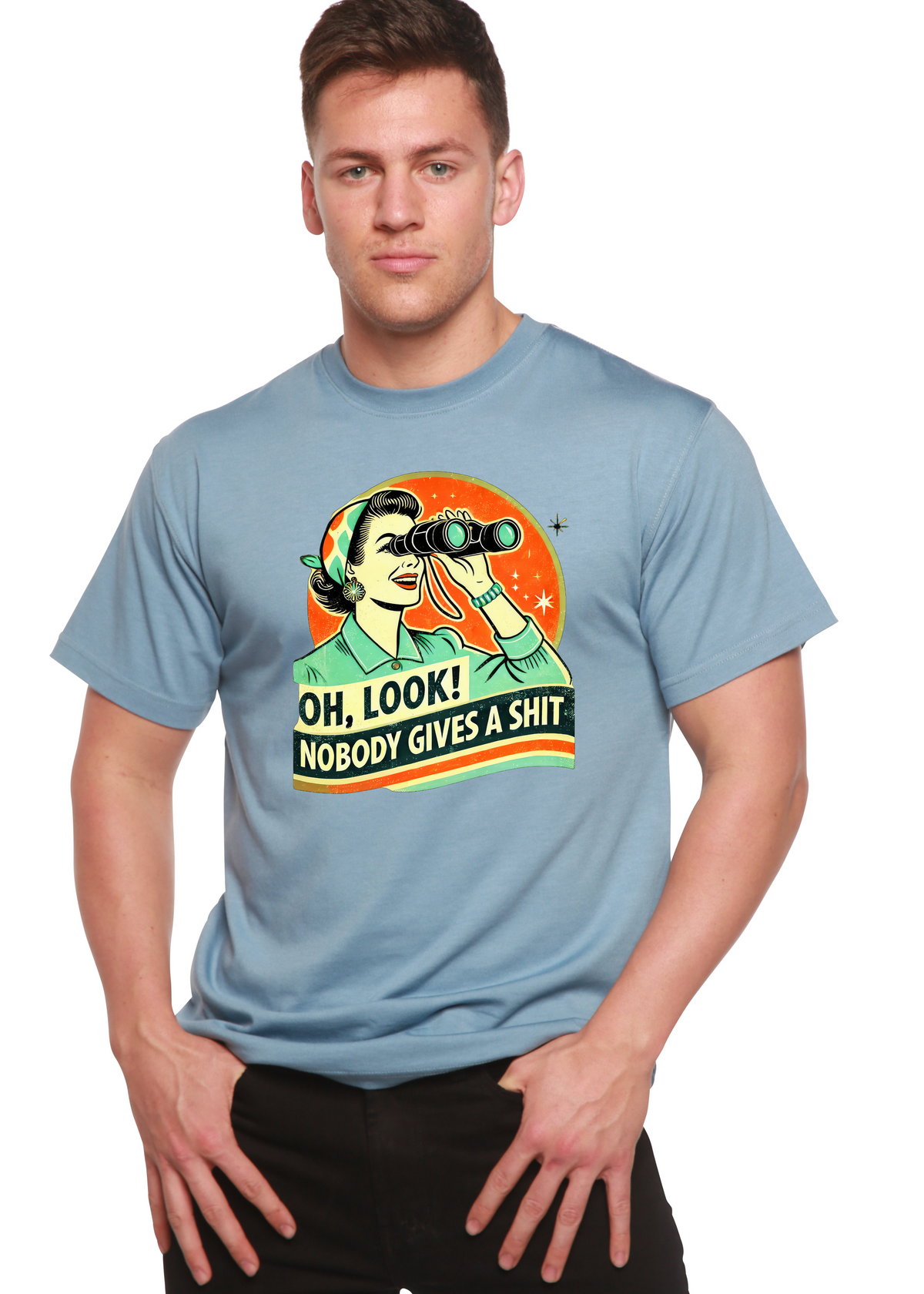 Men's Spun Bamboo graphic T-shirt featuring a humorous retro woman unisex design in bamboo and cotton fabric.