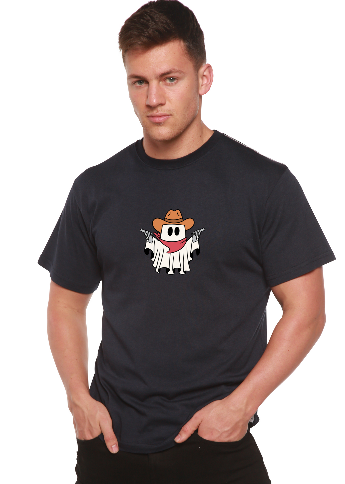 Men's printed Cowboy Ghost graphic T-shirt by Spun Bamboo, featuring a short sleeve design in bamboo viscose and organic cotton.