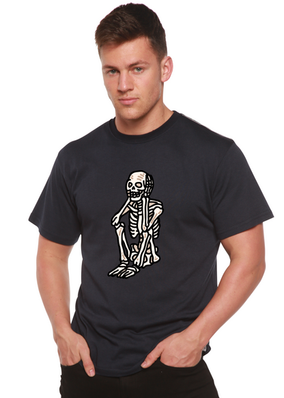 Men's Sad Skeleton Halloween graphic T-shirt by Spun Bamboo, short sleeve, organic cotton and bamboo viscose fabric, unisex design.