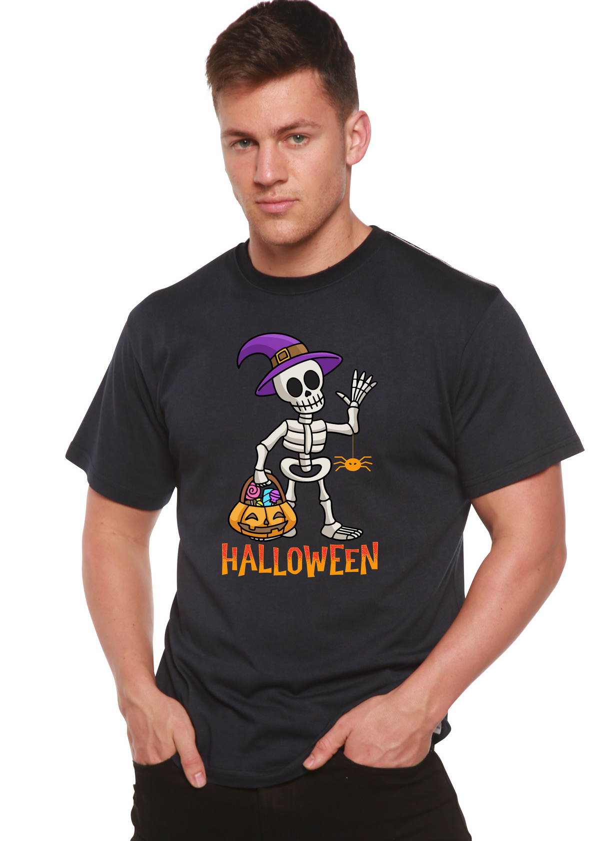 Men's Halloween graphic T-shirt by Spun Bamboo, short sleeve, unisex design with spooky print on organic cotton and bamboo viscose fabric.