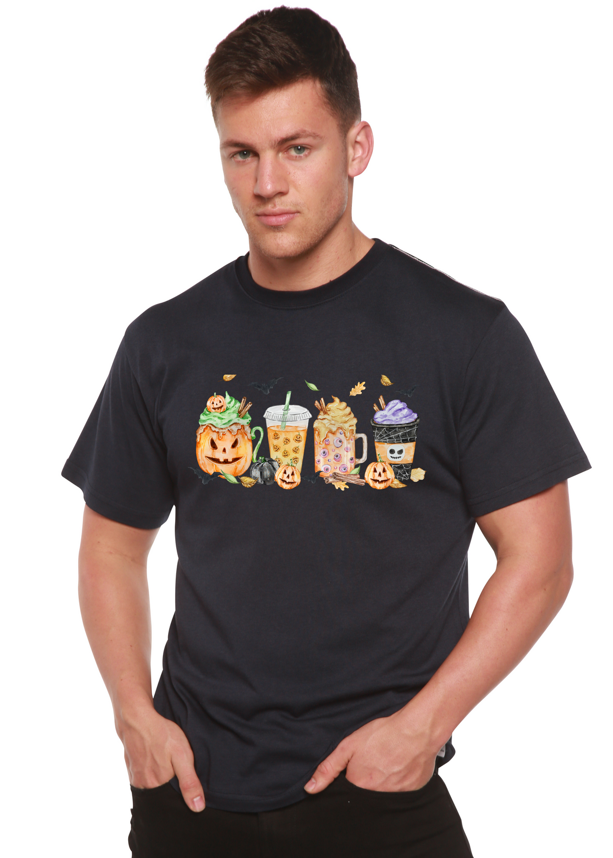 Happy Halloween men's bamboo viscose organic cotton graphic T-shirt with Halloween print, short sleeve, Spun Bamboo brand.