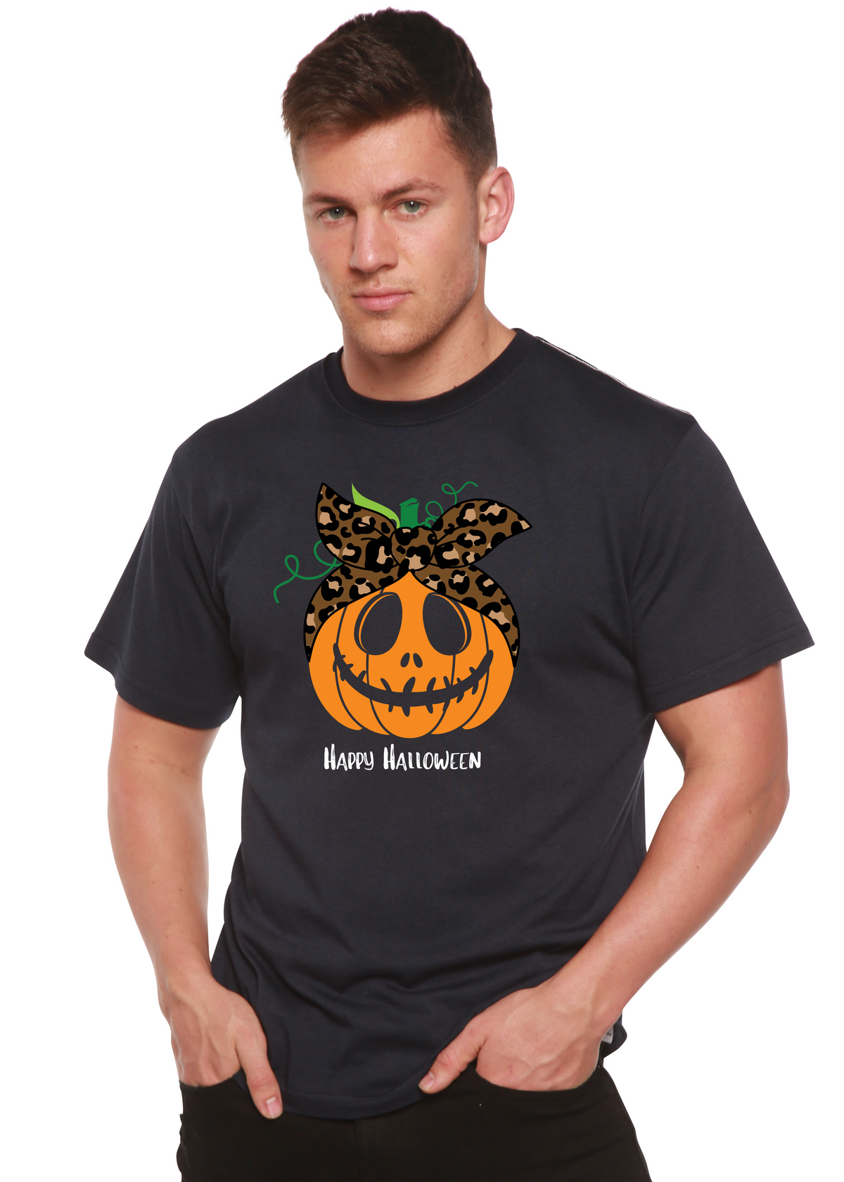 Happy Halloween men's printed T-shirt by Spun Bamboo featuring a festive graphic on short sleeve bamboo viscose and organic cotton fabric.