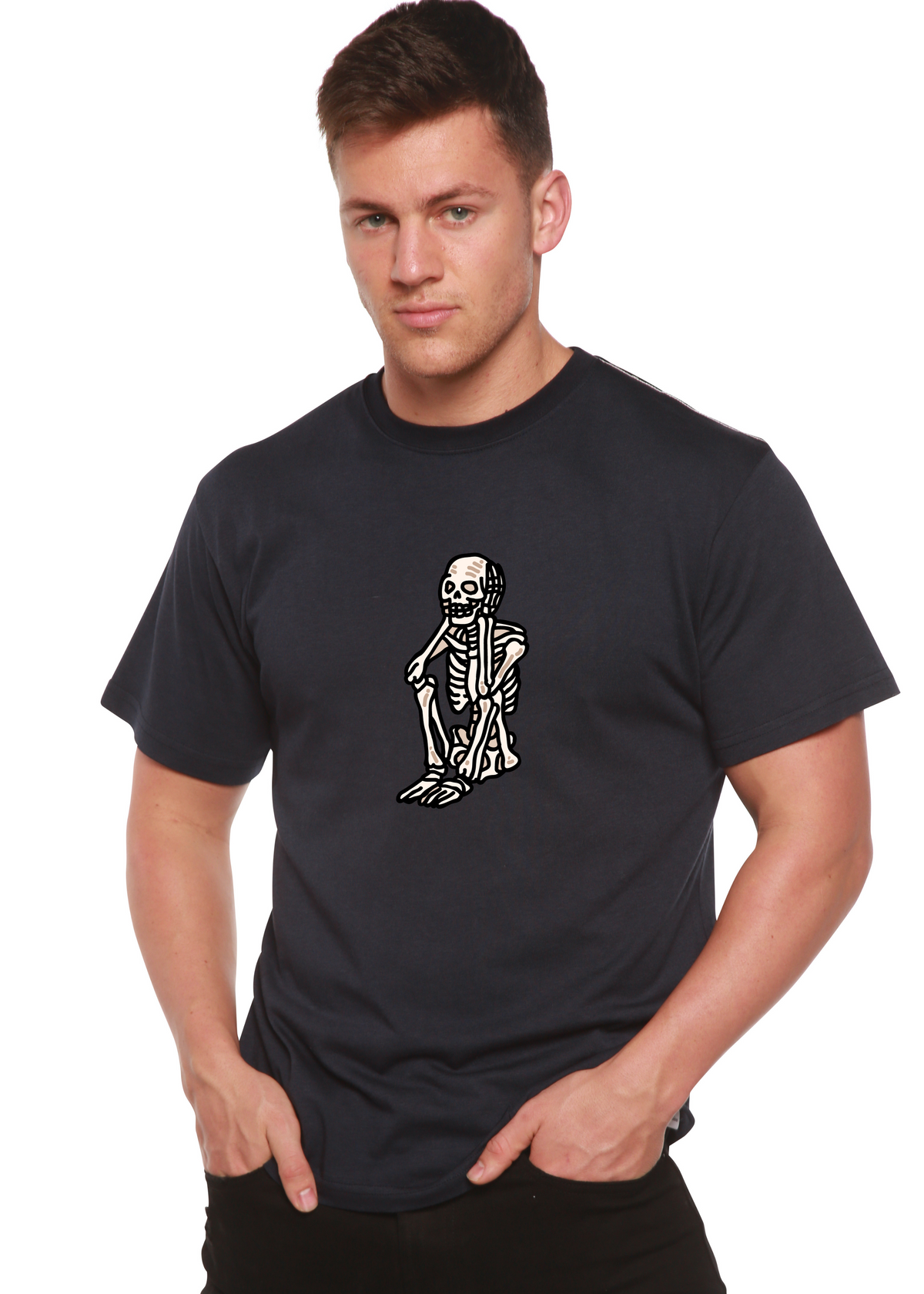 Sad skeleton Halloween T-shirt by Spun Bamboo, men's short sleeve graphic tee with skeleton print in organic bamboo viscose fabric.