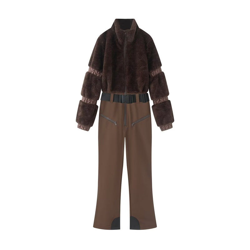 Down-filled fur patchwork thickened fluffy zip-up ski jumpsuit in black and white