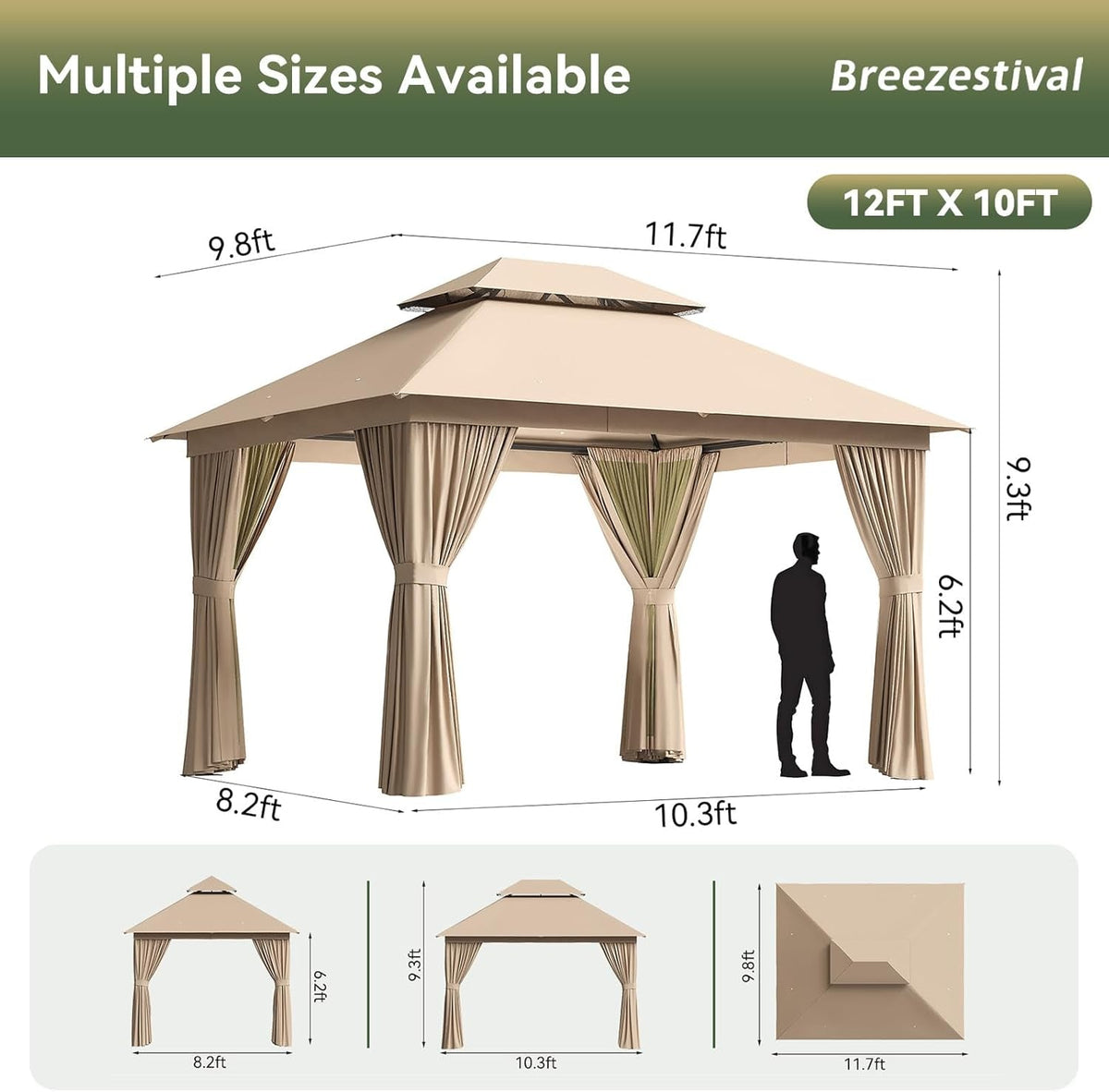 12x10ft outdoor gazebo with stainless steel frame, durable and weather-resistant, ideal for outdoor gatherings and shaded relaxation.