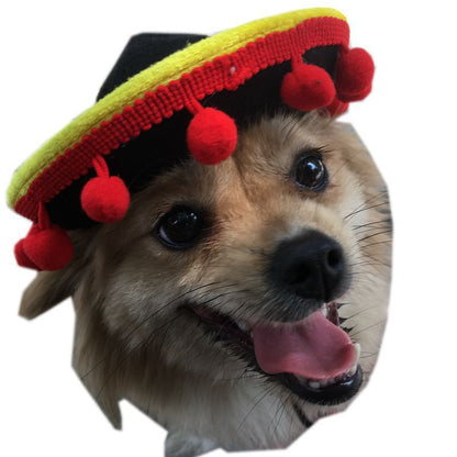 Dog wearing a hot dog hat pet accessory from My Store