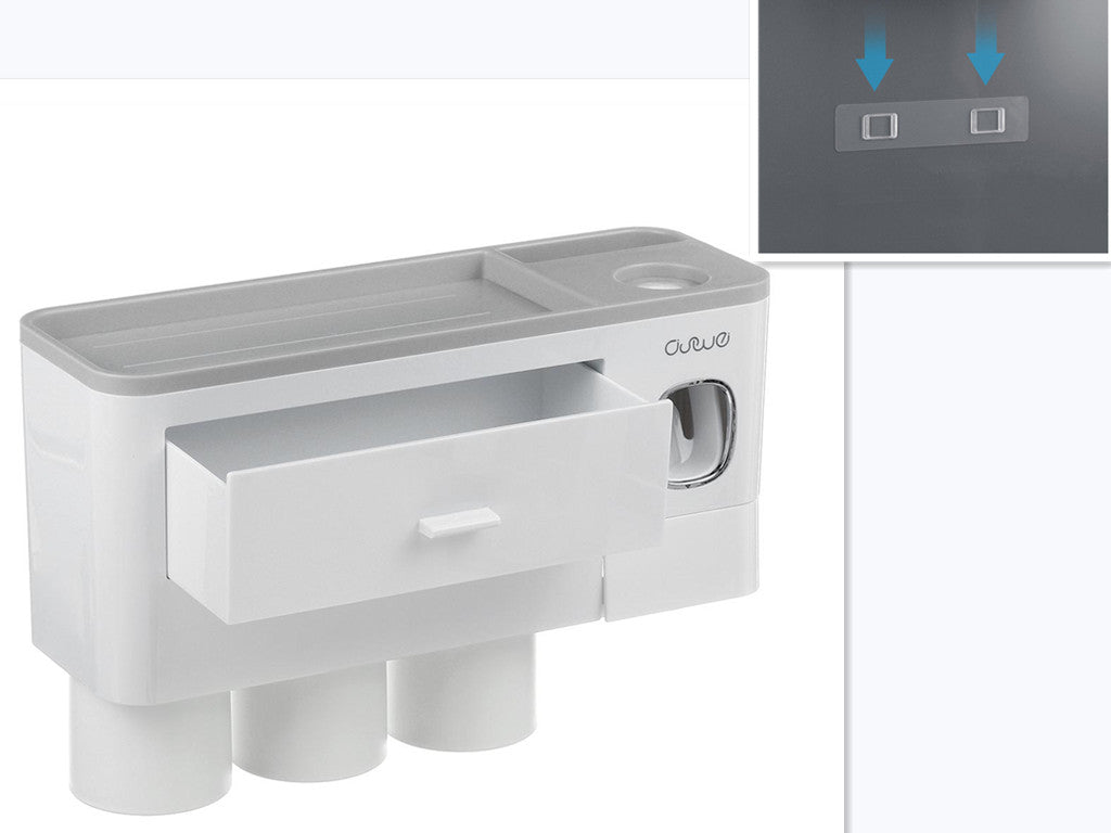 Hanging magnetic toothbrush holder with single drawer storage rack and toothpaste squeezer in white classic design