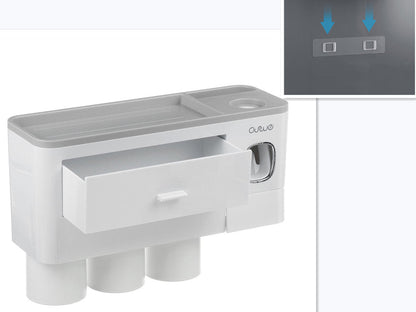 Hanging magnetic toothbrush holder with single drawer storage rack and toothpaste squeezer in white classic design