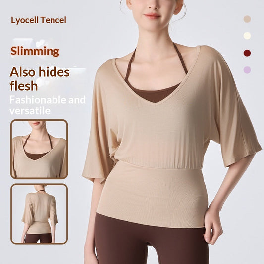 Women's loose-fitting fitness yoga short-sleeve T-shirt with drape effect and waist-cinching casual style