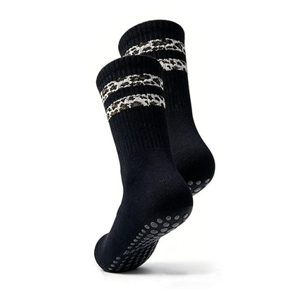 Striped leopard-print floor socks for women, soft patterned knit design with non-slip soles