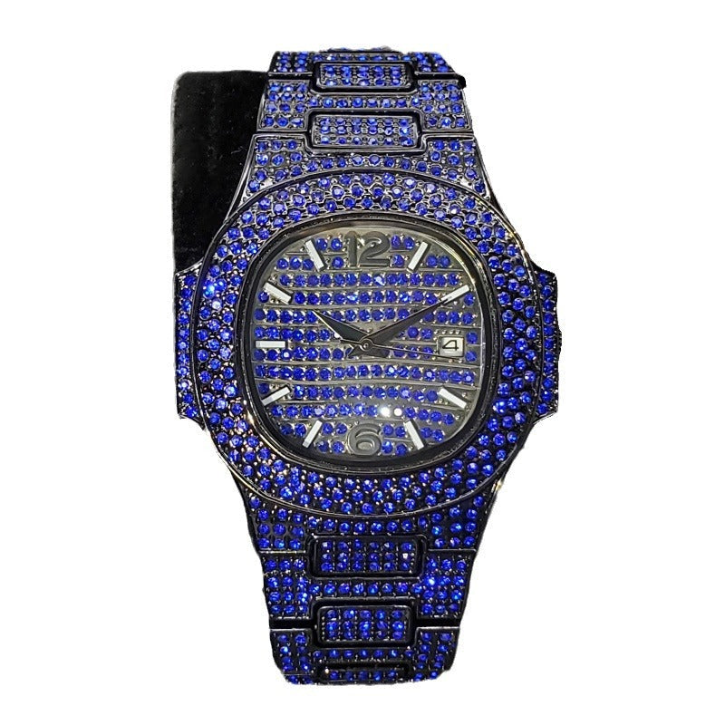 Full diamond hip hop rap watch with sparkling stones and bold decorative design on the dial