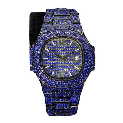Full diamond hip hop rap watch with sparkling stones and bold decorative design on the dial