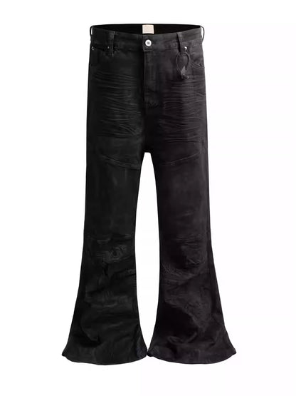 American-style Raw-edge Slim-fit Pleated Slightly Flared Denim Jeans