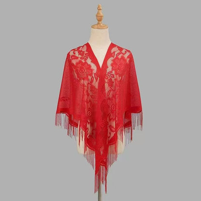 Women's breathable lace triangle shawl with floral design, lightweight openwork fabric
