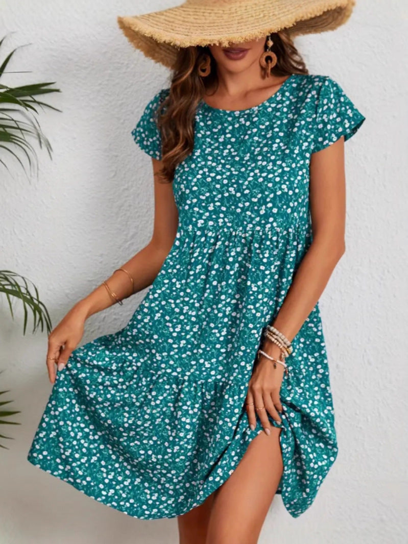 All-over print crew neck short sleeve casual women's dress by My Store