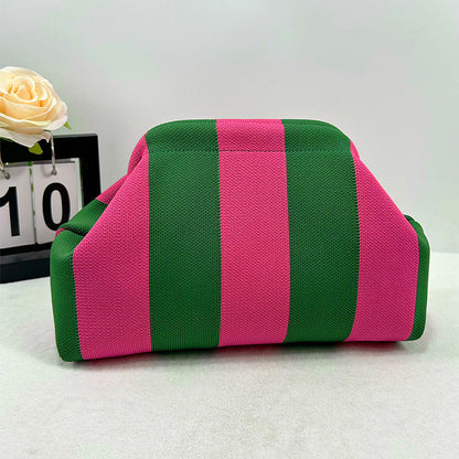 Women's knitted striped clutch bag with textured woven design and compact rectangular shape