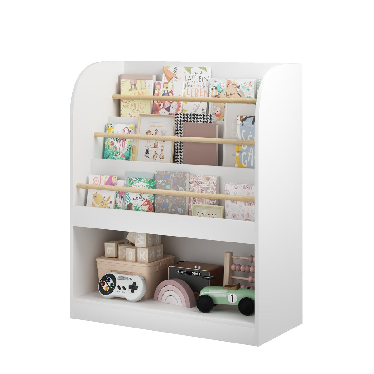 Kids bookshelf by GBruno Store with three-tier front-facing display and toy storage for organized children's book and toy storage.