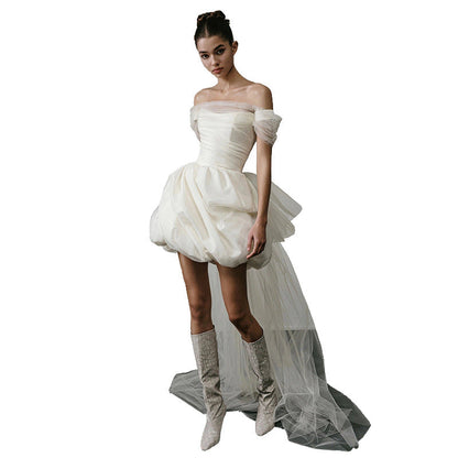 Off-shoulder white short wedding dress with a light, elegant designҩс