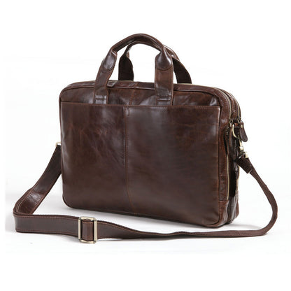 Men's first-layer cowhide business briefcase computer bag in brown leather with top handles and shoulder strap