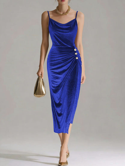 Shiny velvet bodycon dress with swing collar, spaghetti straps, waist-cinching fit, and side slit