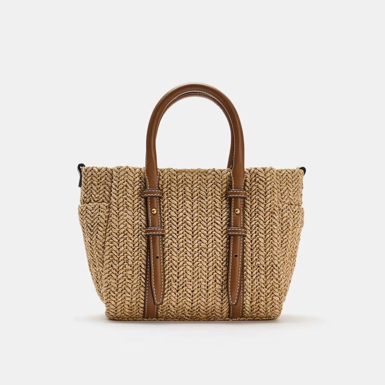 Straw woven hand-held shoulder crossbody bag with textured natural fiber design