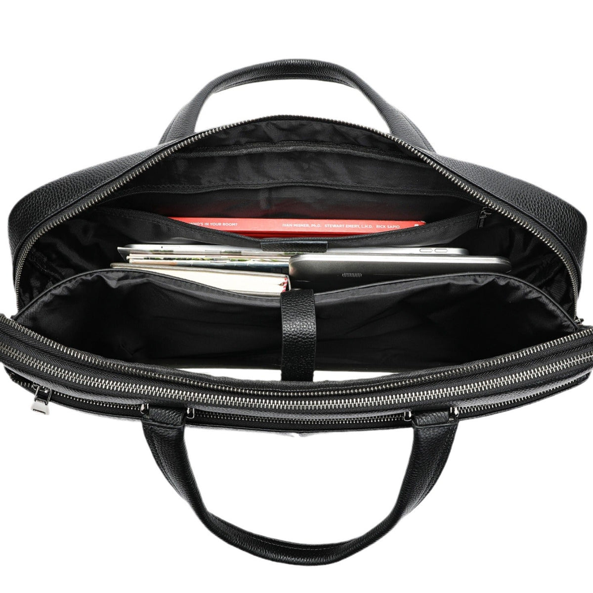 Men's horizontal cowhide briefcase with handles, spacious interior, and 17-inch computer compartment