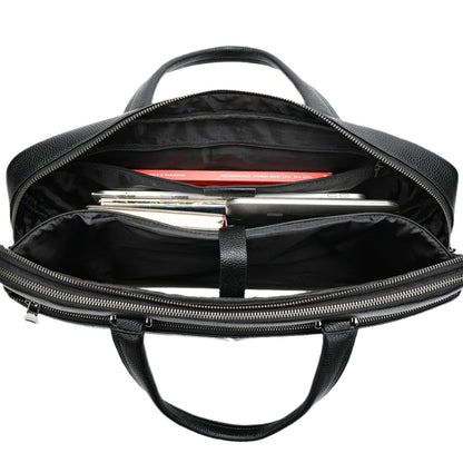 Men's horizontal cowhide briefcase with handles, spacious interior, and 17-inch computer compartment