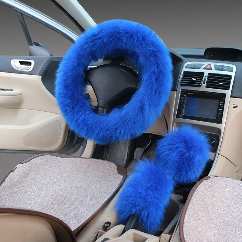 Long wool steering wheel cover with soft textured handle wrap, shown in a close-up product view