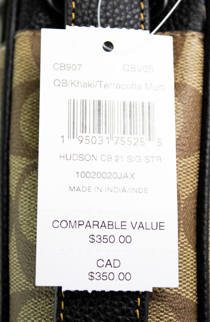 Coach Hudson 21 khaki terracotta signature varsity stripe crossbody bag with adjustable strap and logo accents