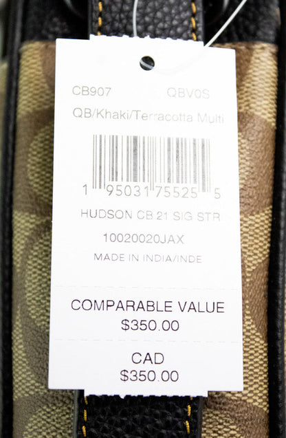 Coach Hudson 21 khaki terracotta signature varsity stripe crossbody bag with adjustable strap and logo accents