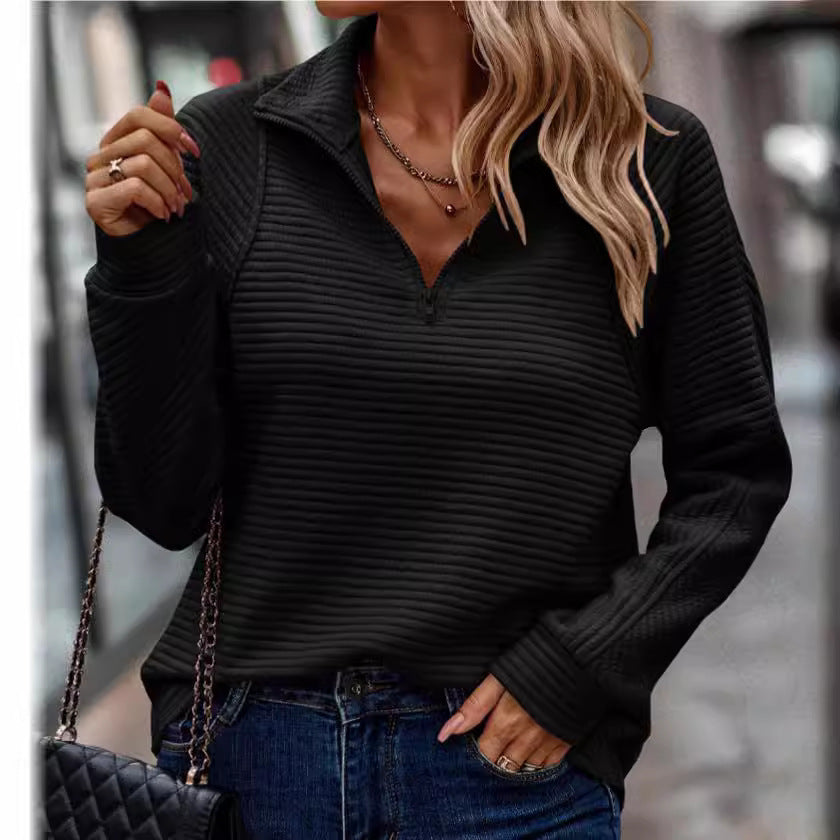 Loose solid color stand collar zipper sweatshirt with snake bone pattern for autumn and winter, European and American style