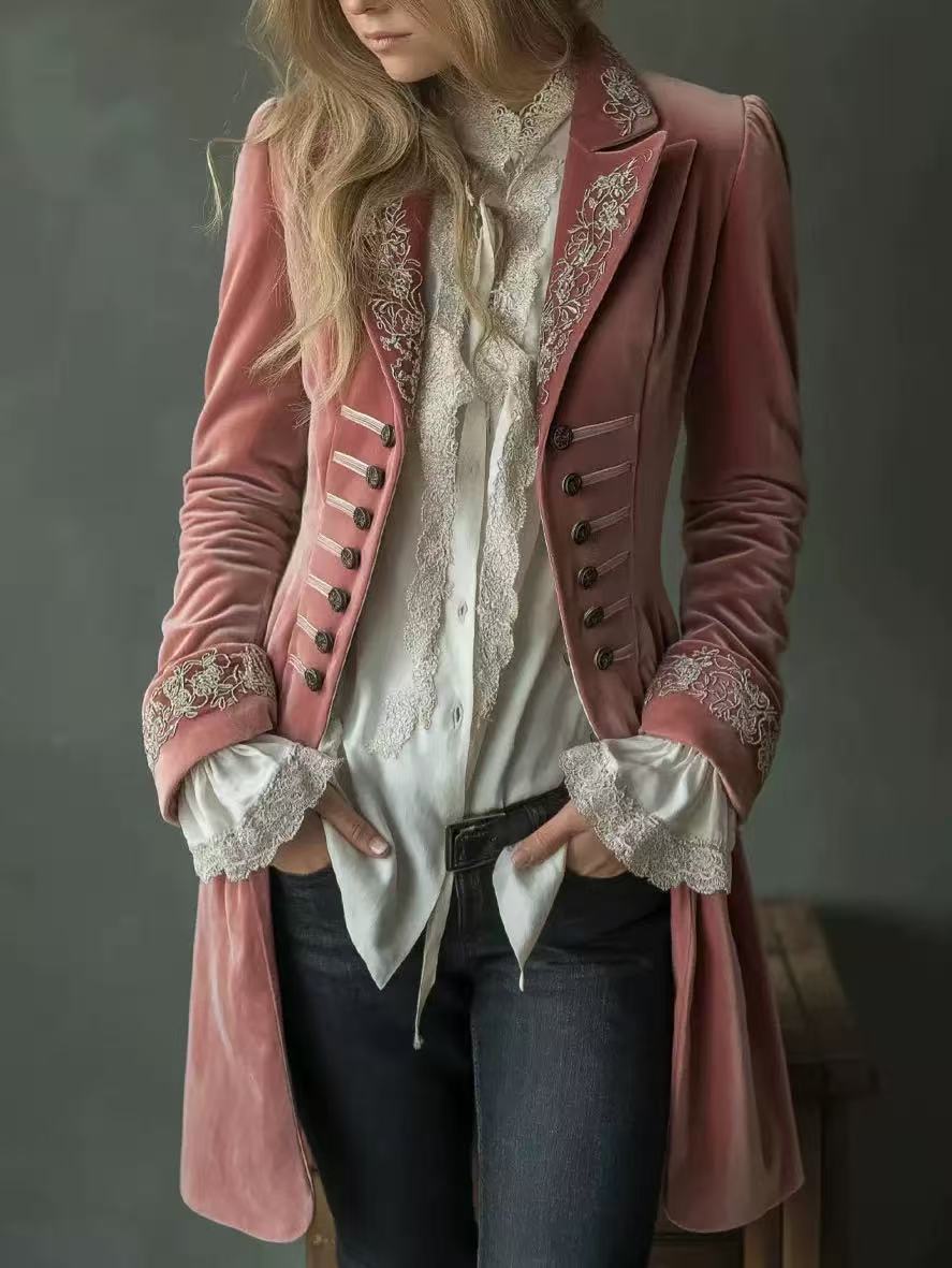 Women's long-sleeve solid-color patchwork lace gold-velvet coat from My Store