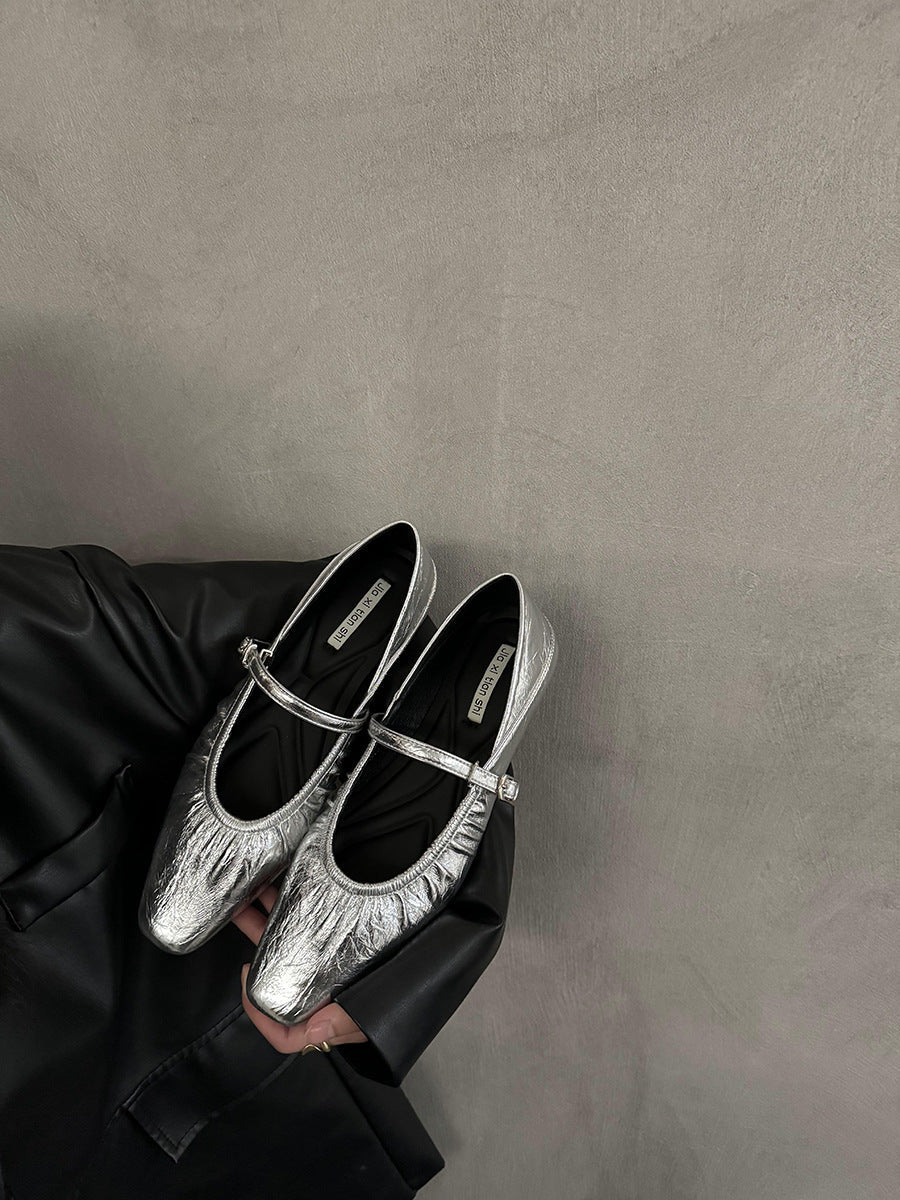 Women's silver flat dress shoes by My Store with a sleek metallic finish