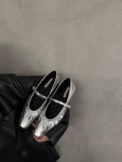 Women's silver flat dress shoes by My Store with a sleek metallic finish