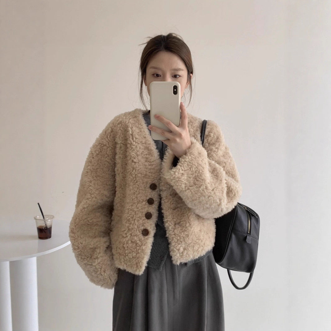 Women's V-neck short loose padded lambswool coat by My Store in a relaxed silhouette