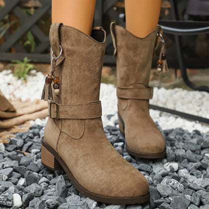 Thin thick-soled Martin boots with elastic suede ankle panels, side view