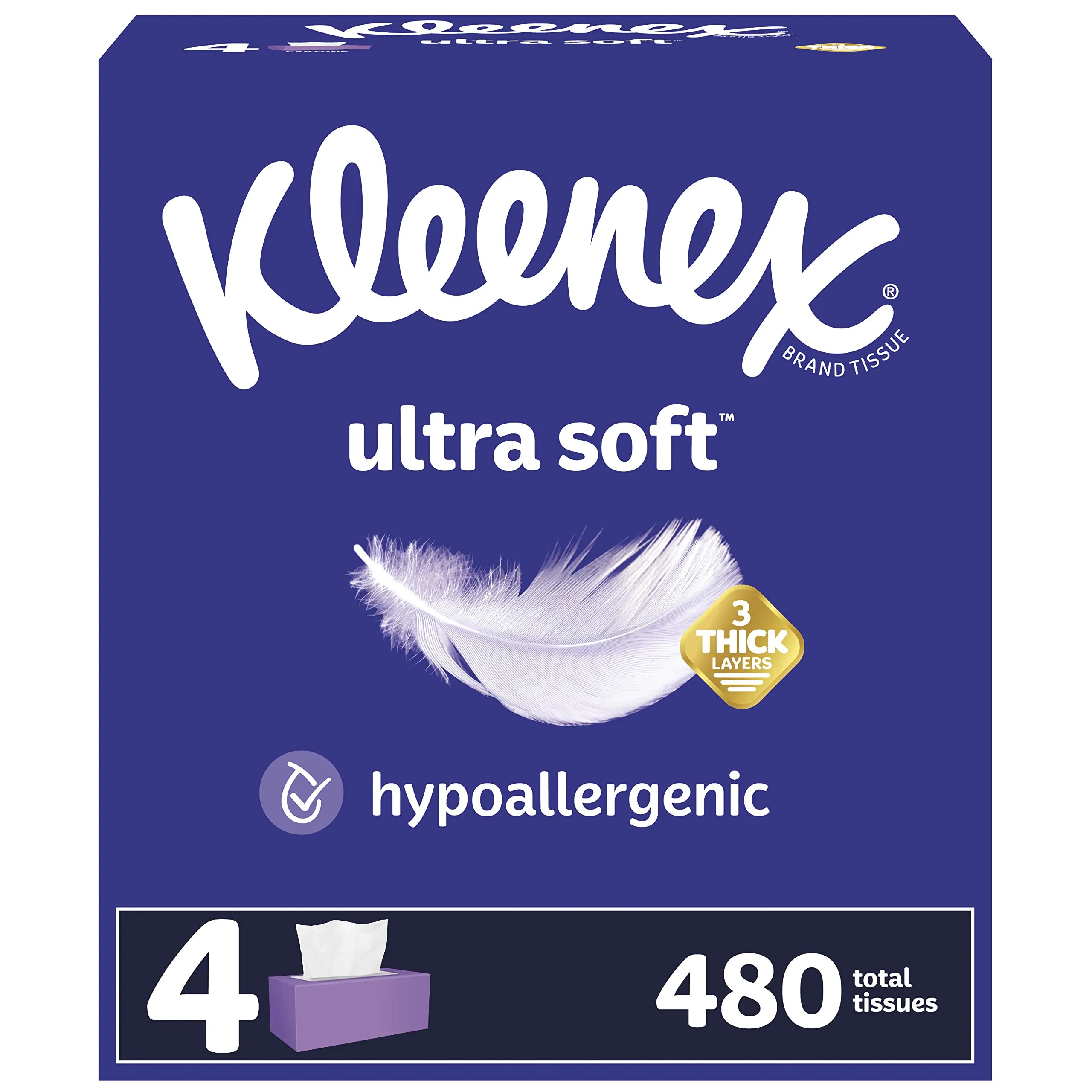 Kleenex Ultra Soft Facial Tissues 4 Flat Boxes 120 Tissues per Box 3-Ply (480 Total Tissues) Packaging May Vary