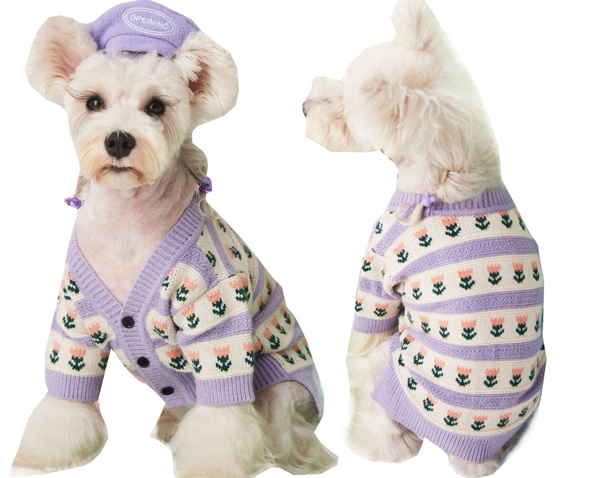 Purple flower pet dog sweater cardigan with button front and cozy knit design.