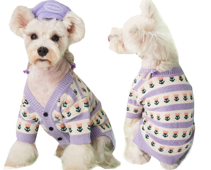 Purple flower pet dog sweater cardigan with button front and cozy knit design.