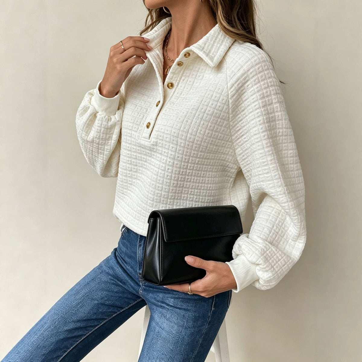 Women's textured pullover sweatshirt with turn-down collar, front view