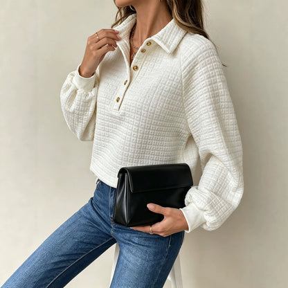 Women's textured pullover sweatshirt with turn-down collar, front view