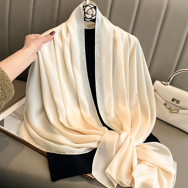 Korean-style solid-color silk beach scarf for women, lightweight summer sun-protection wrap