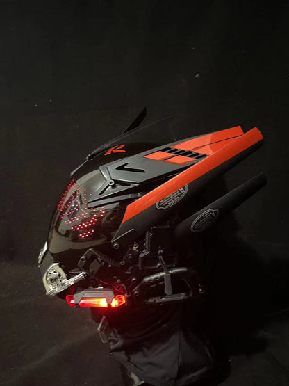 Luminous helmet mask with futuristic technology-inspired design