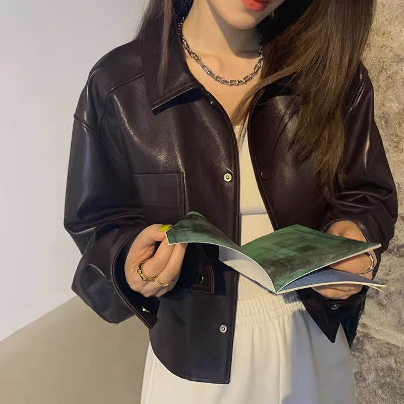 Spring-autumn short leather jacket for petite individuals, front view