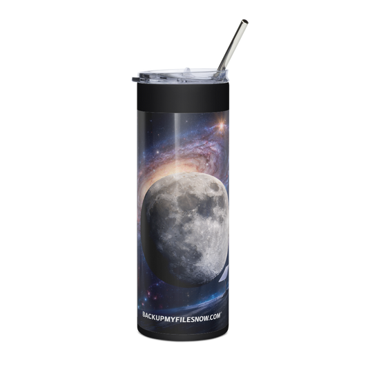 Stainless steel tumbler from BACKUPMYFILESNOW® with a sleek, insulated design and a lid, ideal for hot or cold beverages.