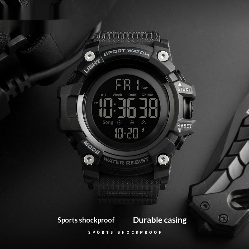 Men's outdoor sports electronic watch with multifunction digital display, rugged black design
