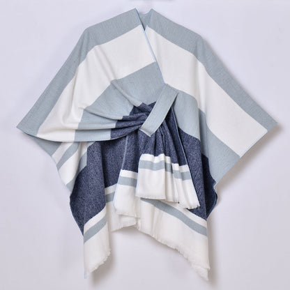 Women's striped tassel cross-strap warm cape shawl in a cozy draped design