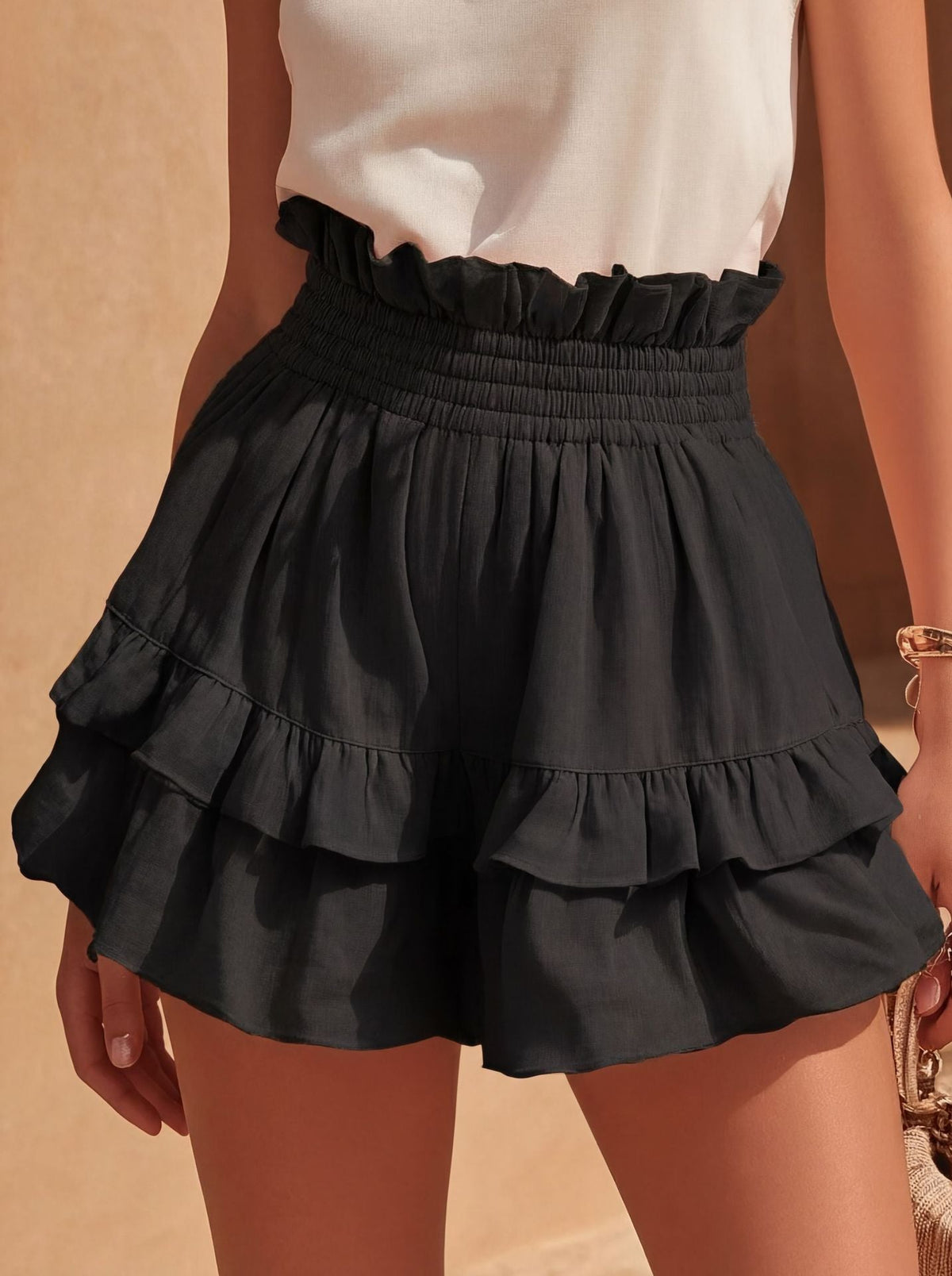 Casual fashion drawstring waist ruffle shorts by My Store in a relaxed, feminine style