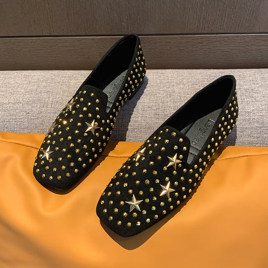 Women's square toe rhinestone flat moccasins, soft sole slip-on loafers for wide feet