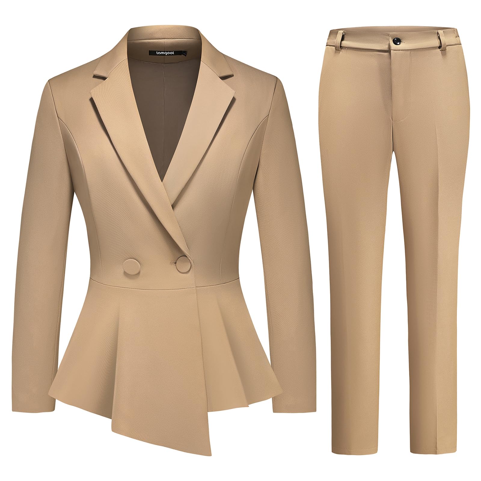 Lamgool Womens Suit Outfits Set 2 Piece Ruffle Blazer with Pants Suit Set Long Sleeve Business Casual (Khaki Medium)